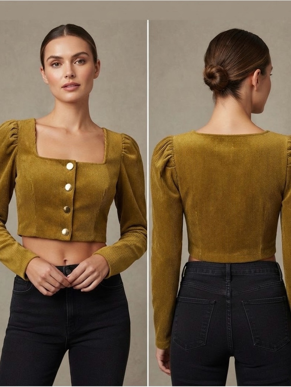 Zara Olive Corduroy Square-Neck Crop Top with Buttons